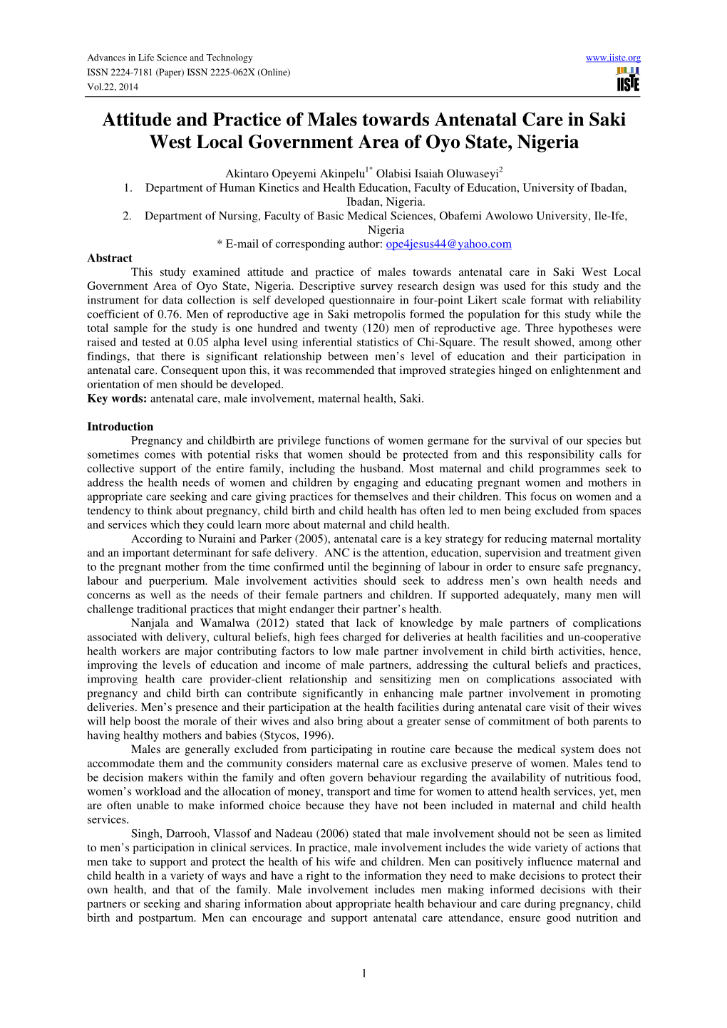 Attitude and Practice of Males Towards Antenatal Care in Saki West Local Government Area of Oyo State, Nigeria