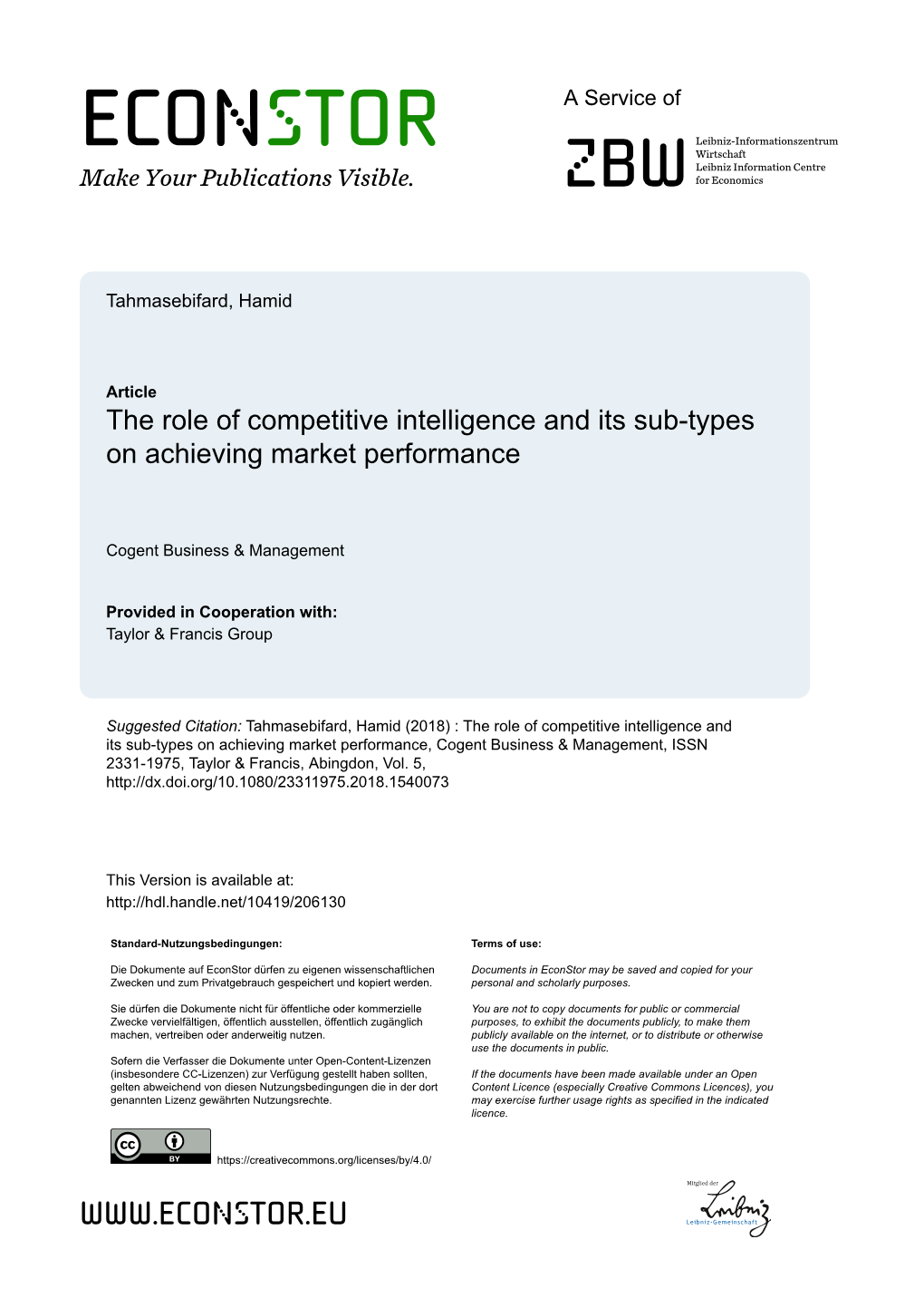 The Role of Competitive Intelligence and Its Sub-Types on Achieving Market Performance