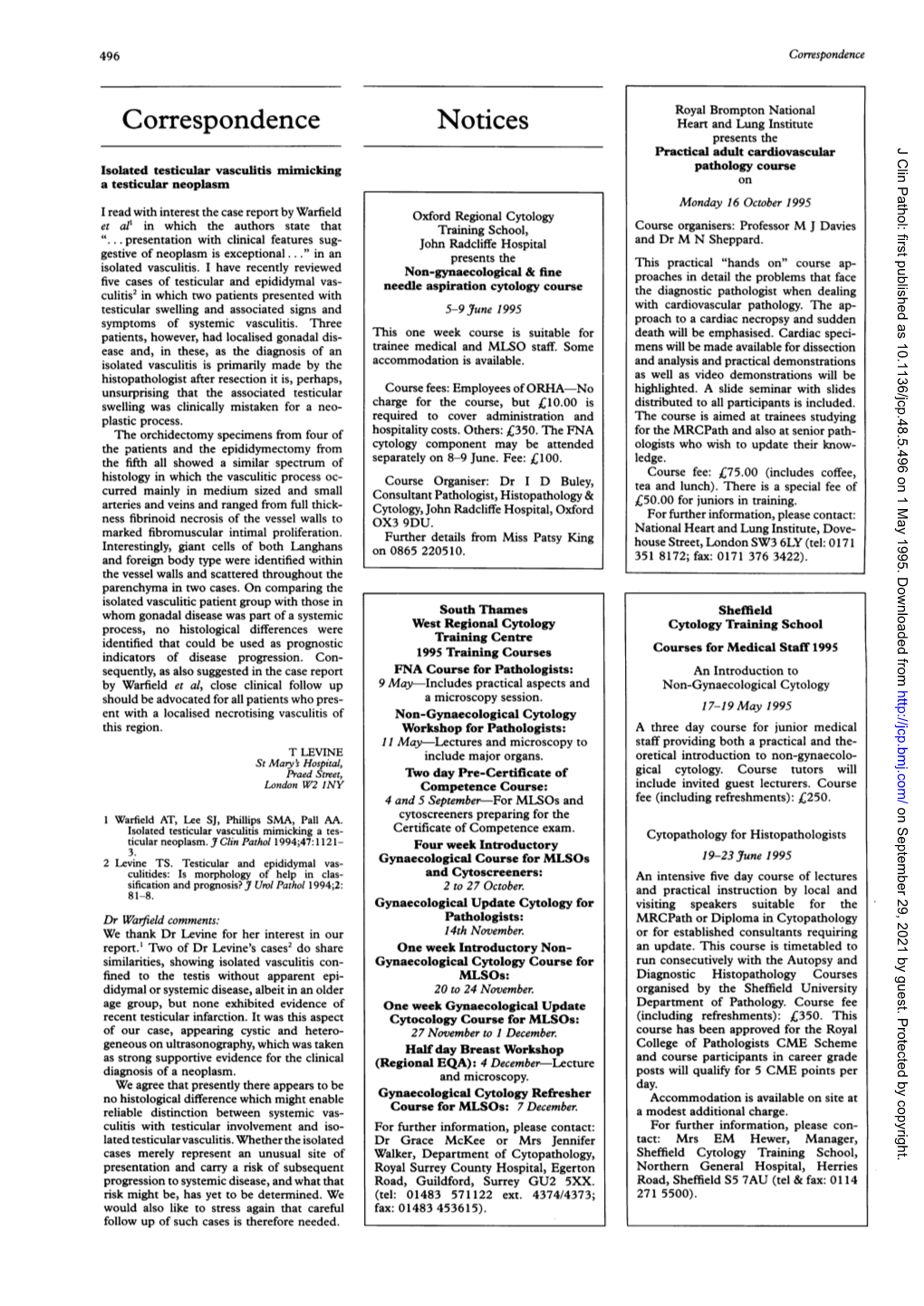 Correspondence Notices Heart and Lung Institute Presents the Practical Adult Cardiovascular J Clin Pathol: First Published As 10.1136/Jcp.48.5.496 on 1 May 1995