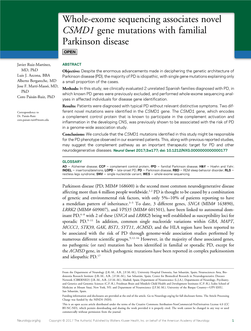 Whole-Exome Sequencing Associates Novel CSMD1 Gene Mutations with Familial Parkinson Disease