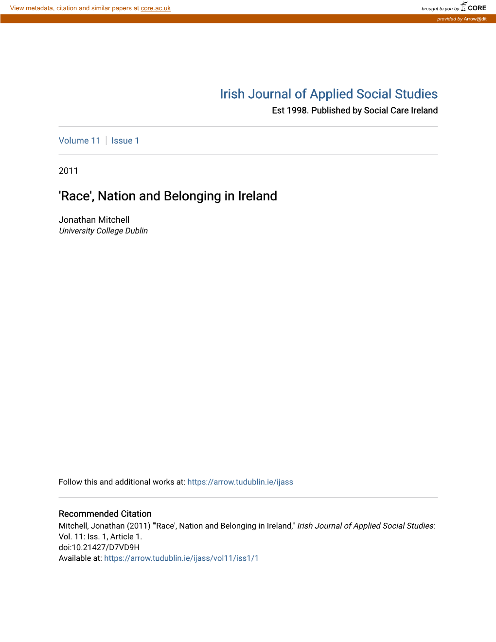 Race', Nation and Belonging in Ireland