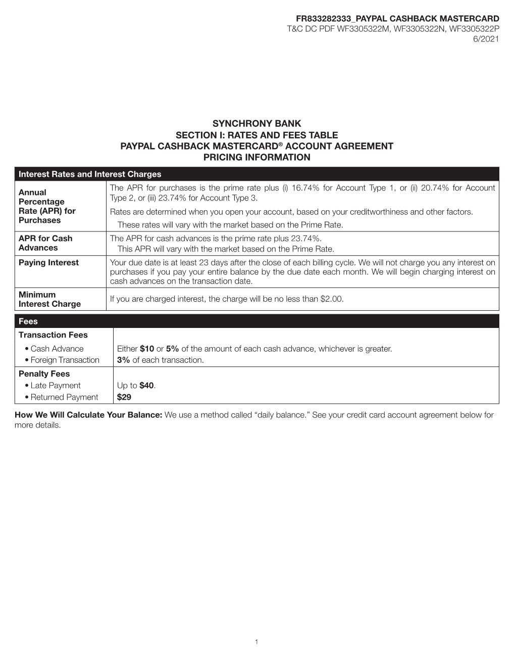 Synchrony Bank Section I: Rates and Fees Table Paypal Cashback Mastercard® Account Agreement Pricing Information