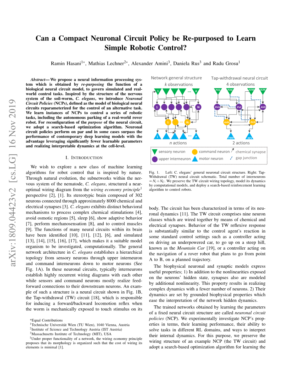 Can a Compact Neuronal Circuit Policy Be Re-Purposed to Learn Simple Robotic Control?