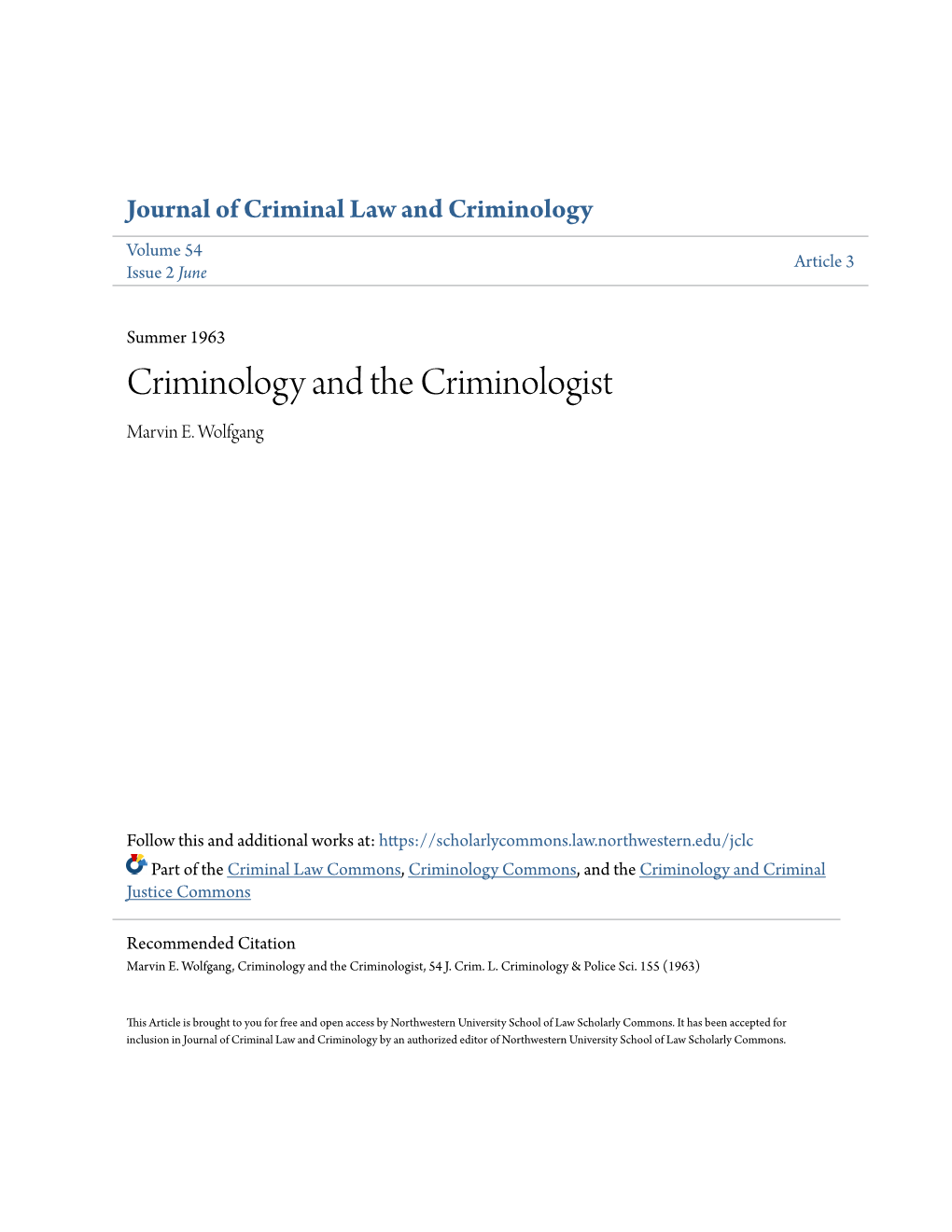 Criminology and the Criminologist Marvin E