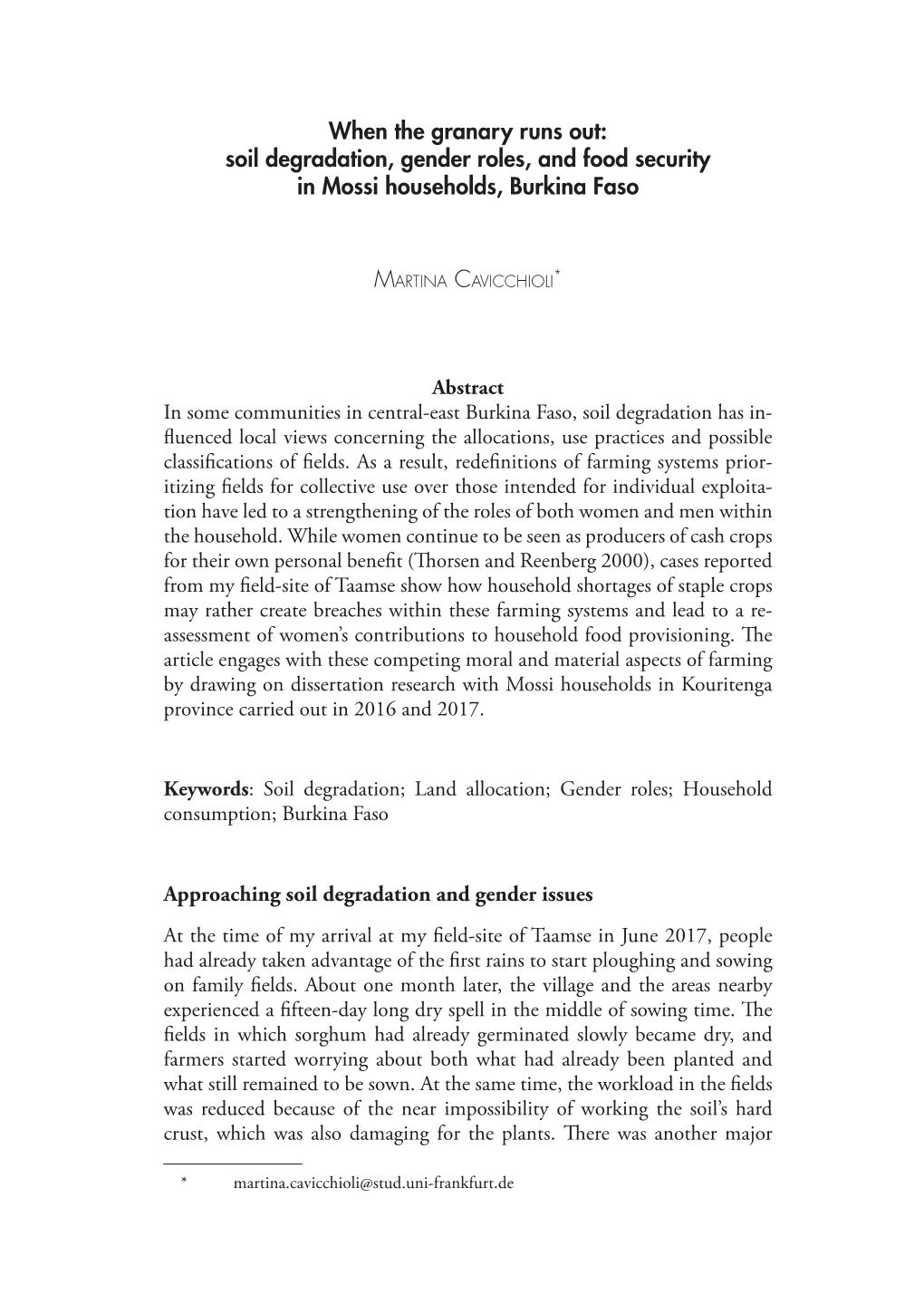 Soil Degradation, Gender Roles, and Food Security in Mossi Households, Burkina Faso