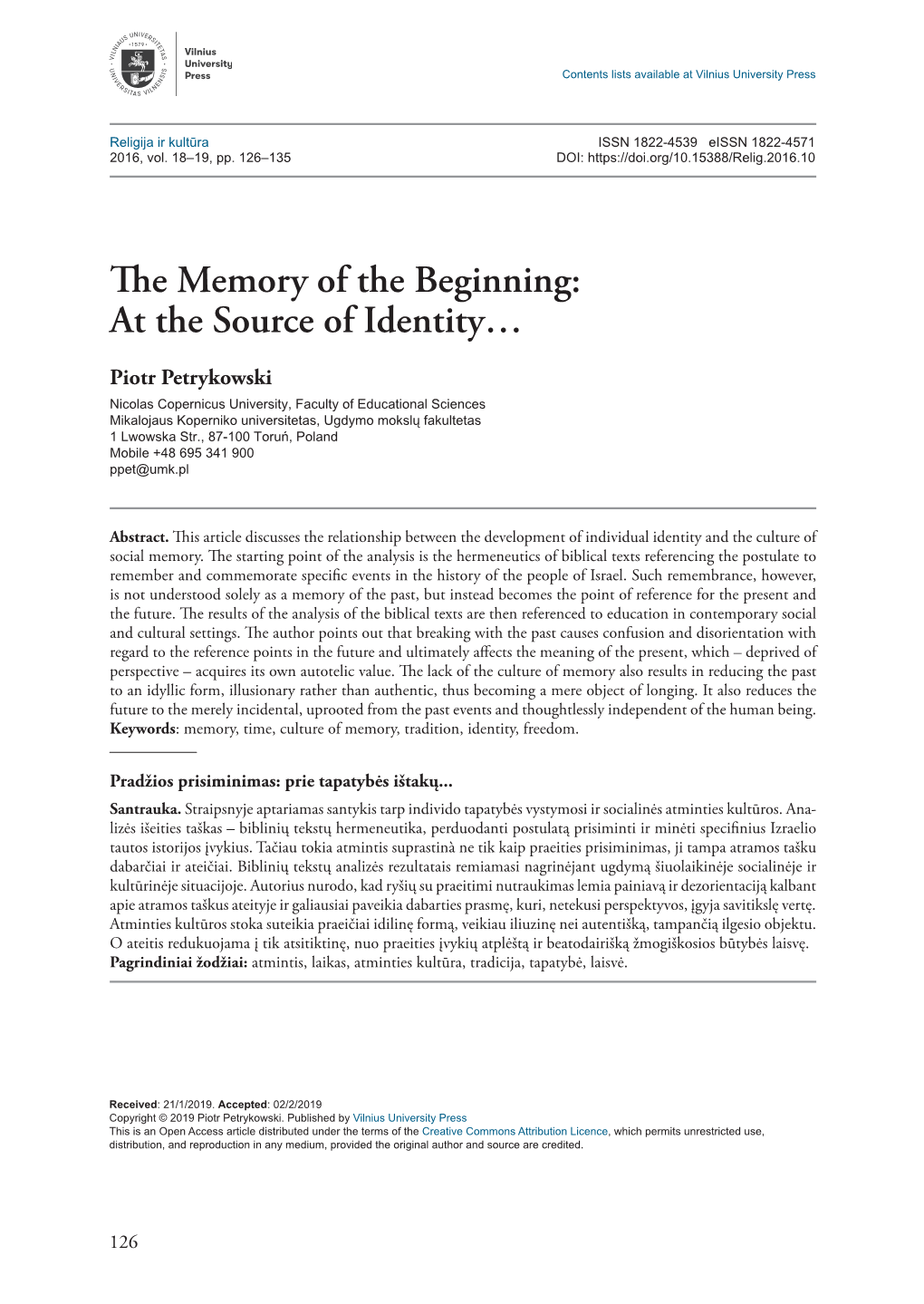 The Memory of the Beginning:At the Source of Identity…