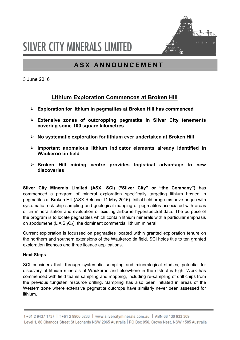 Lithium Exploration Commences at Broken Hill