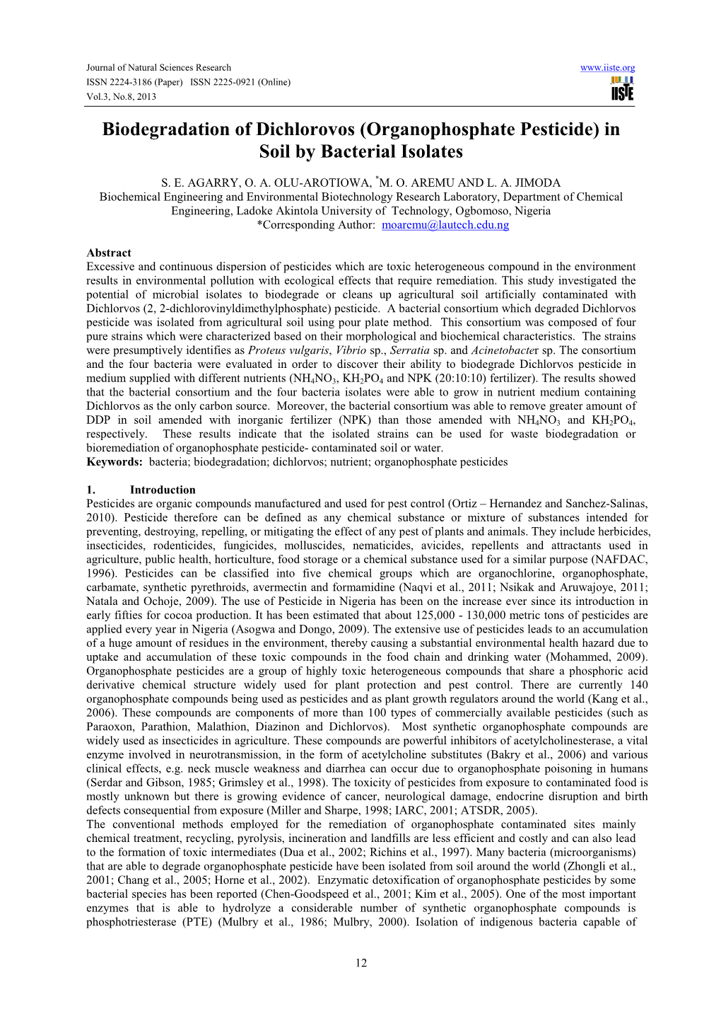 Organophosphate Pesticide) in Soil by Bacterial Isolates