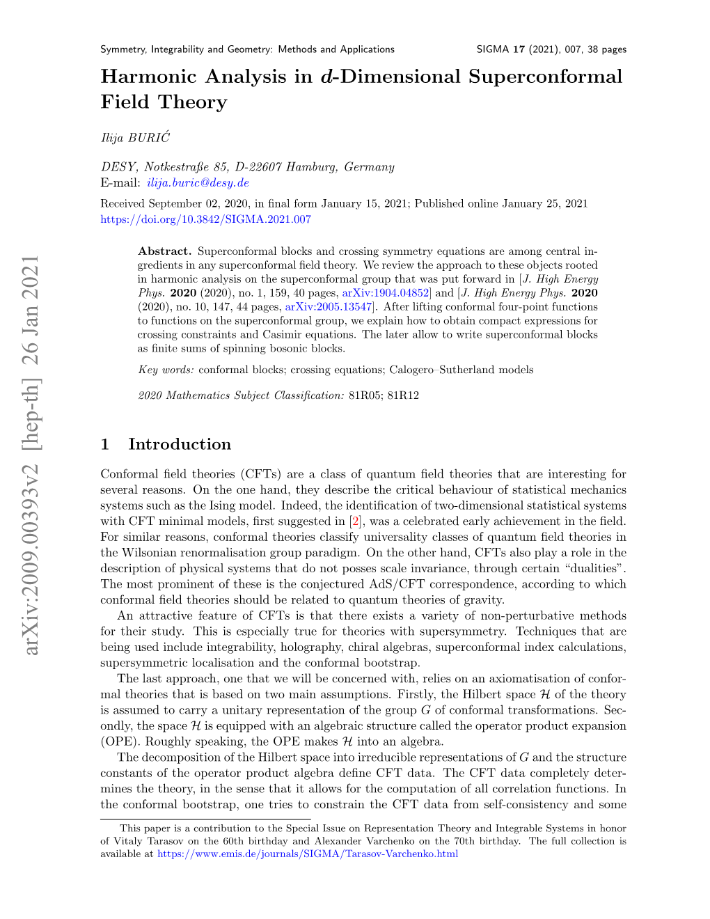 Arxiv:2009.00393V2 [Hep-Th] 26 Jan 2021 Supersymmetric Localisation and the Conformal Bootstrap