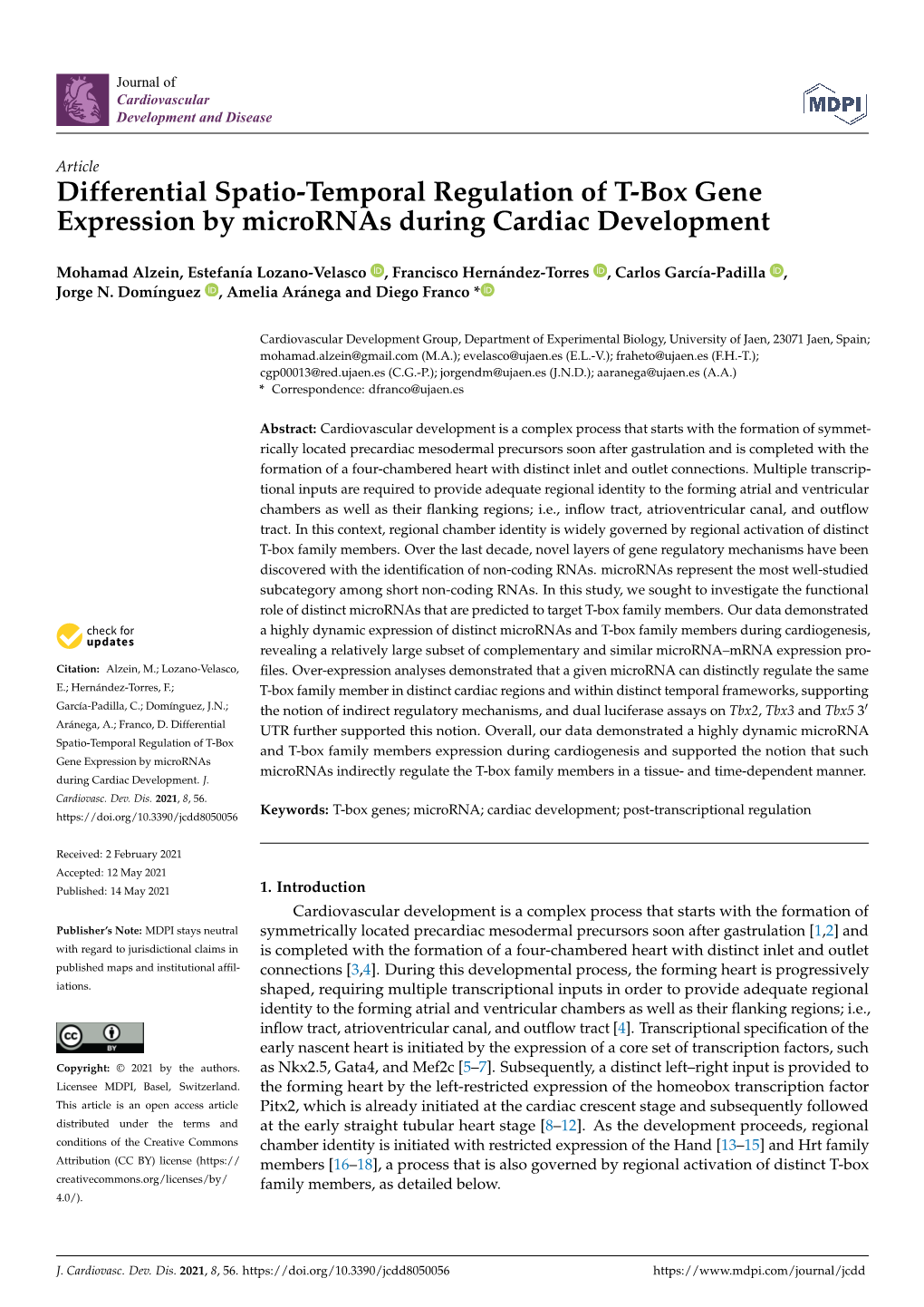 Differential Spatio-Temporal Regulation of T-Box Gene Expression by Micrornas During Cardiac Development