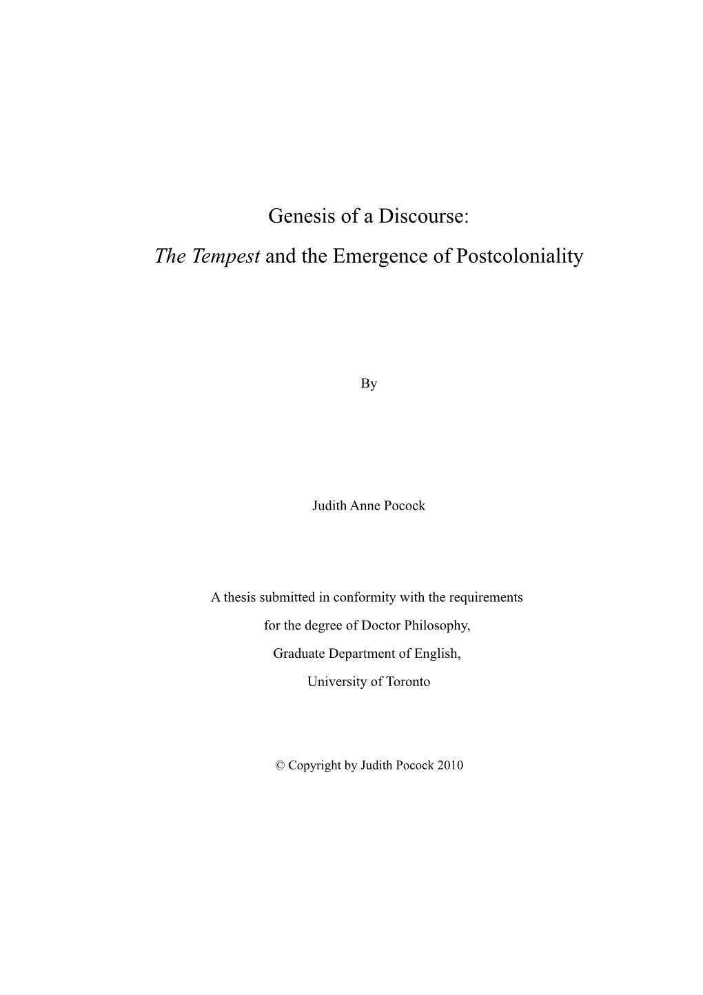 Genesis of a Discourse: the Tempest and the Emergence of Postcoloniality