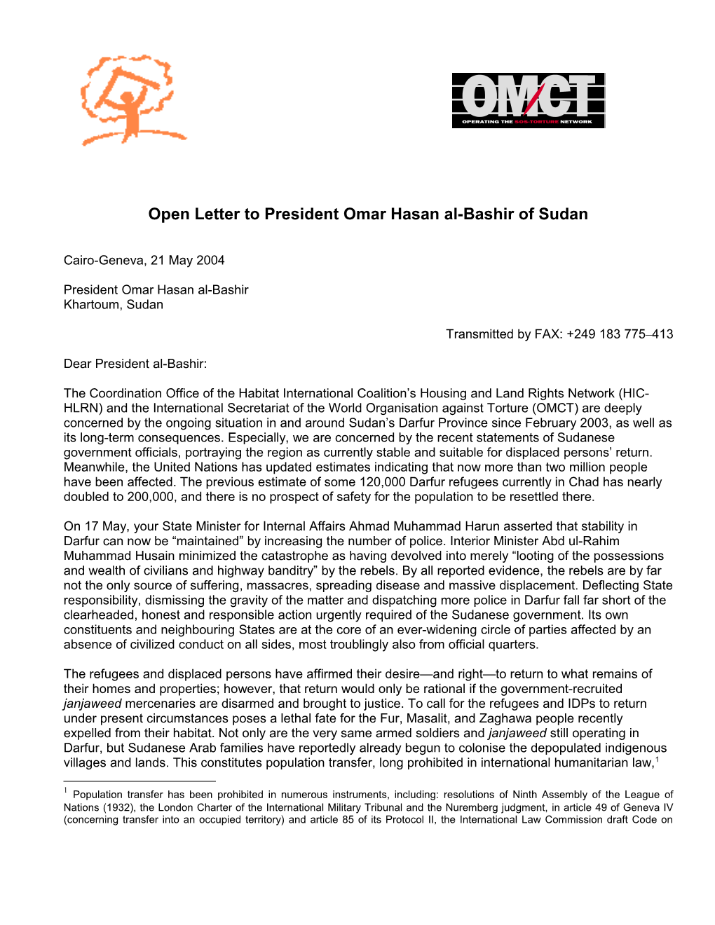 Open Letter to President Omar Hasan Al-Bashir of Sudan