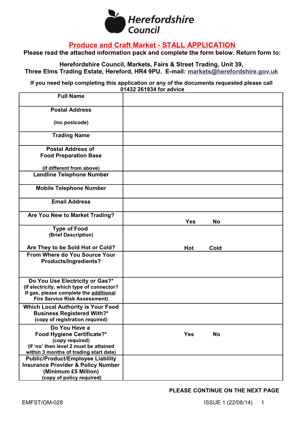 Produce and Craft Market Stall Application Form