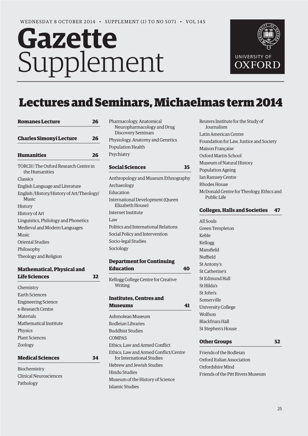 Lectures and Seminars, Michaelmas Term 2014