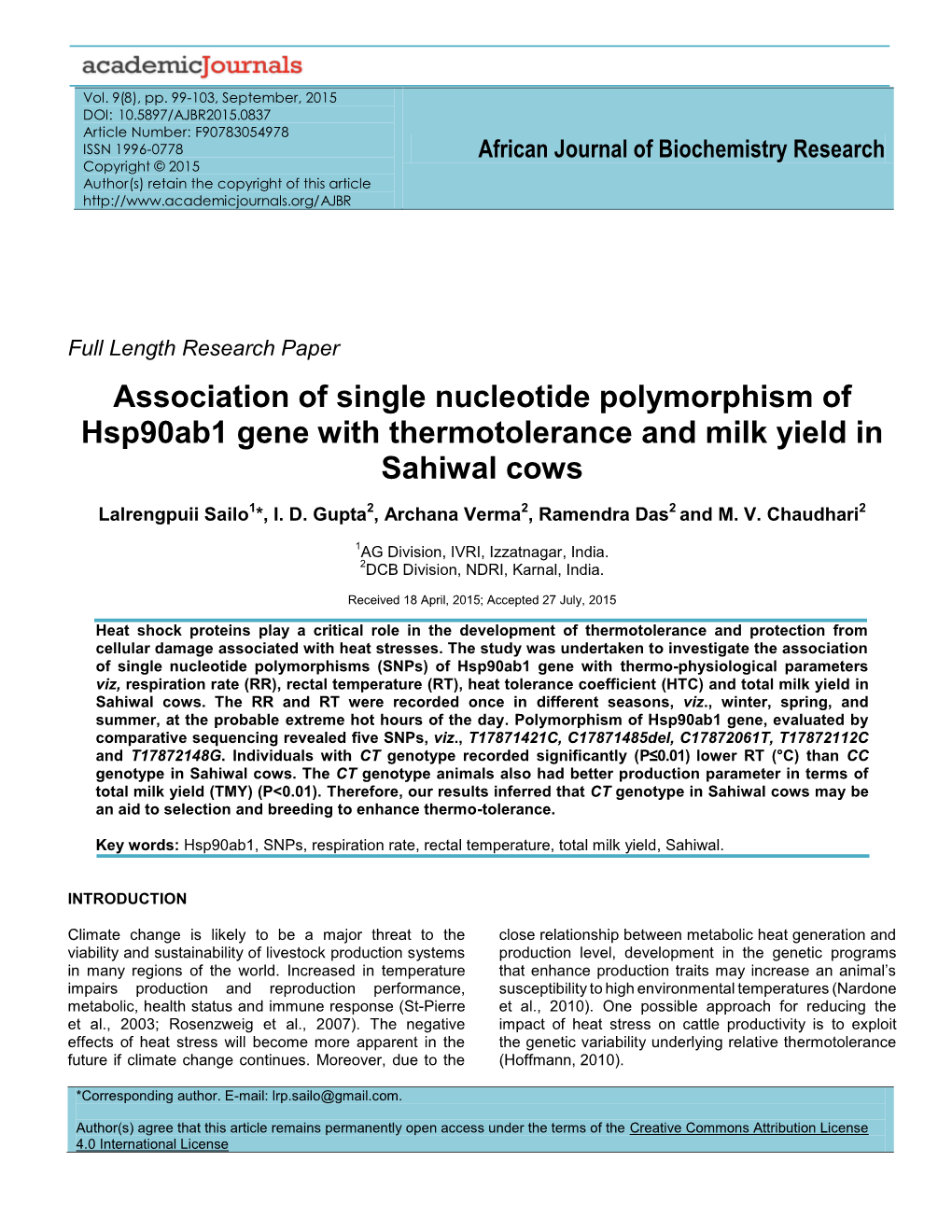 Association of Single Nucleotide Polymorphism of Hsp90ab1 Gene with Thermotolerance and Milk Yield in Sahiwal Cows