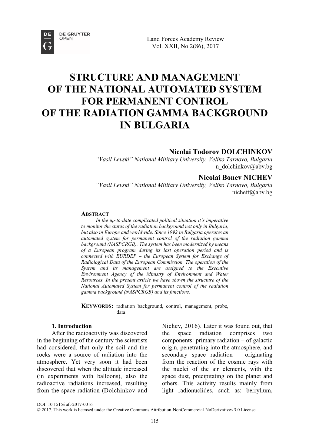 Structure and Management of the National Automated System for Permanent Control of the Radiation Gamma Background in Bulgaria