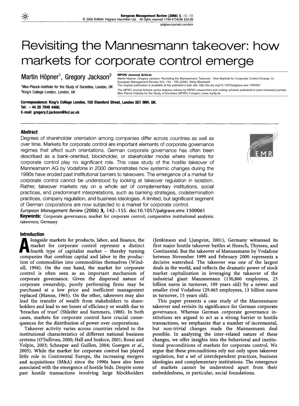 Revisiting the Mannesmann Takeover: How Markets For