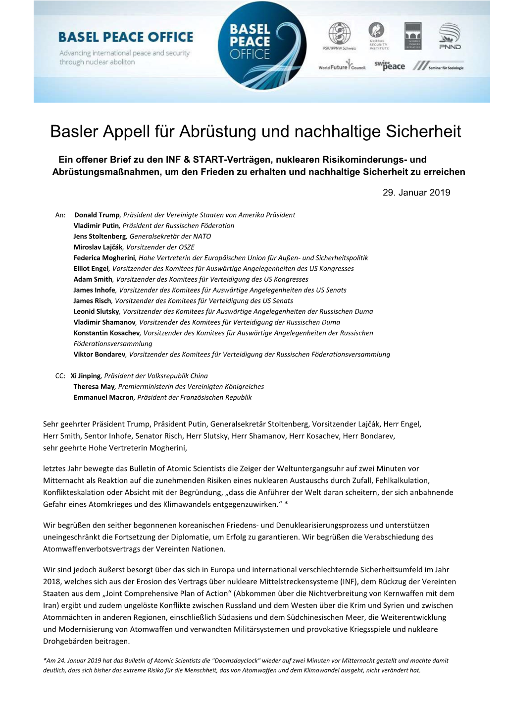 Basler Appell Für Abrüstung Und Nachhaltige Sicherheit