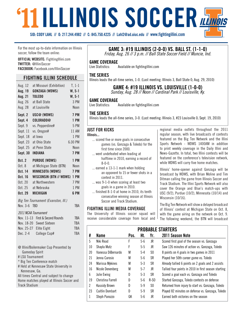 Fighting Illini Schedule Probable Starters Game 3: #19