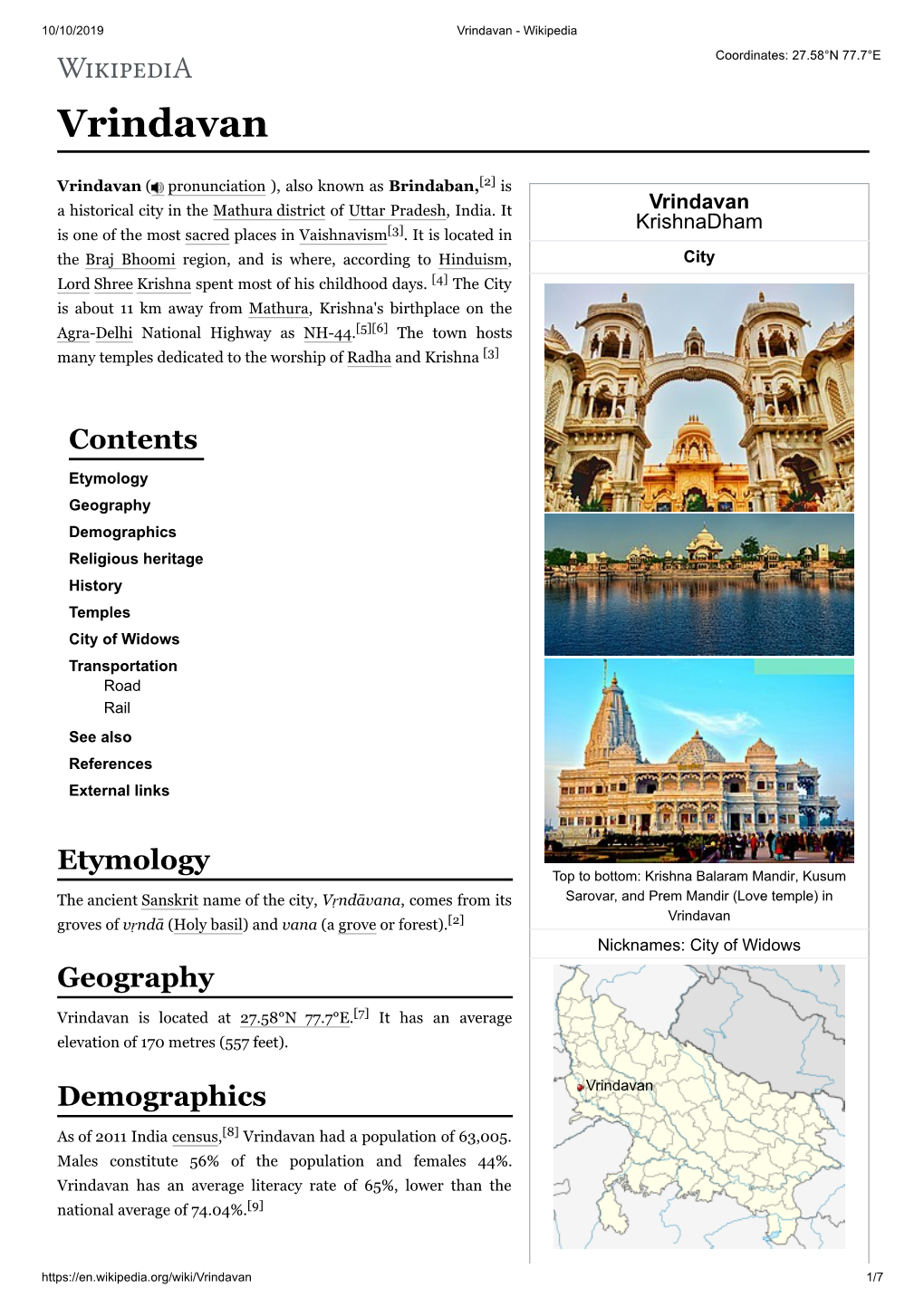 Vrindavan - Wikipedia Coordinates: 27.58°N 77.7°E