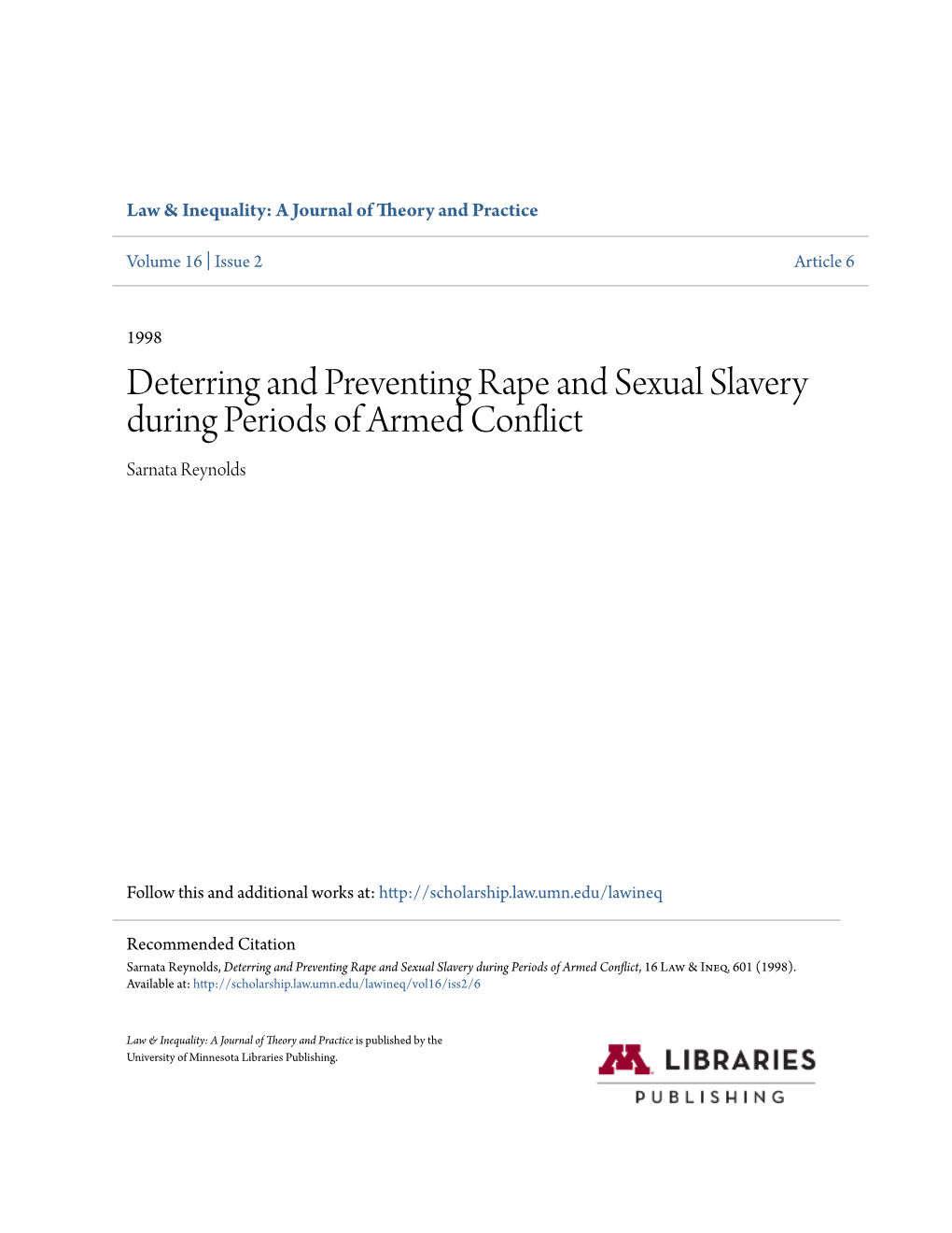 Deterring and Preventing Rape and Sexual Slavery During Periods of Armed Conflict Sarnata Reynolds