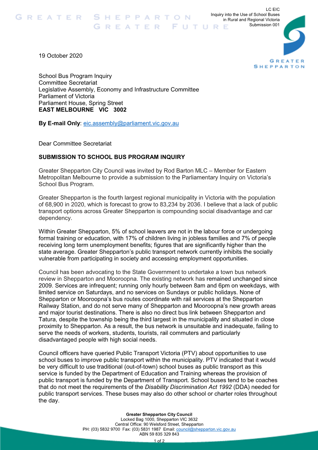 19 October 2020 School Bus Program Inquiry Committee Secretariat Legislative Assembly, Economy and Infrastructure Committee Parl