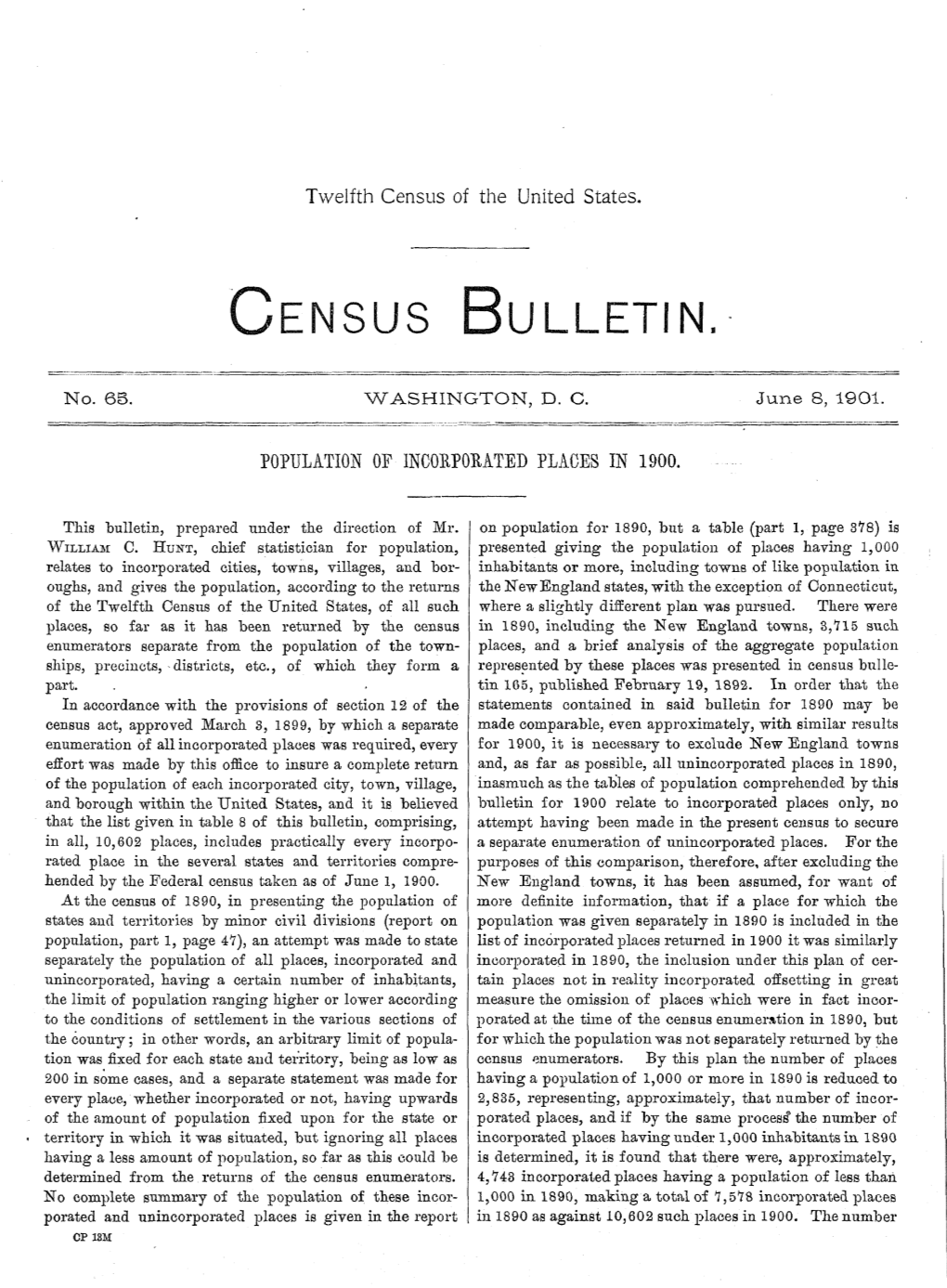 Bulletin 65. Population of Incorporated Places in 1900