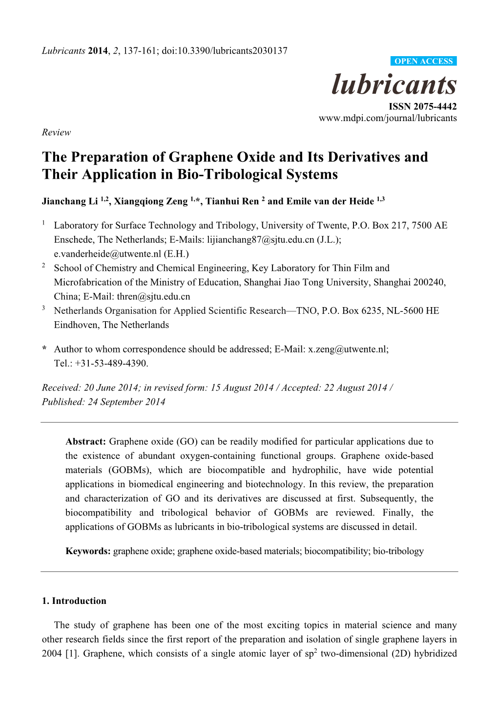 The Preparation of Graphene Oxide and Its Derivatives and Their Application in Bio-Tribological Systems