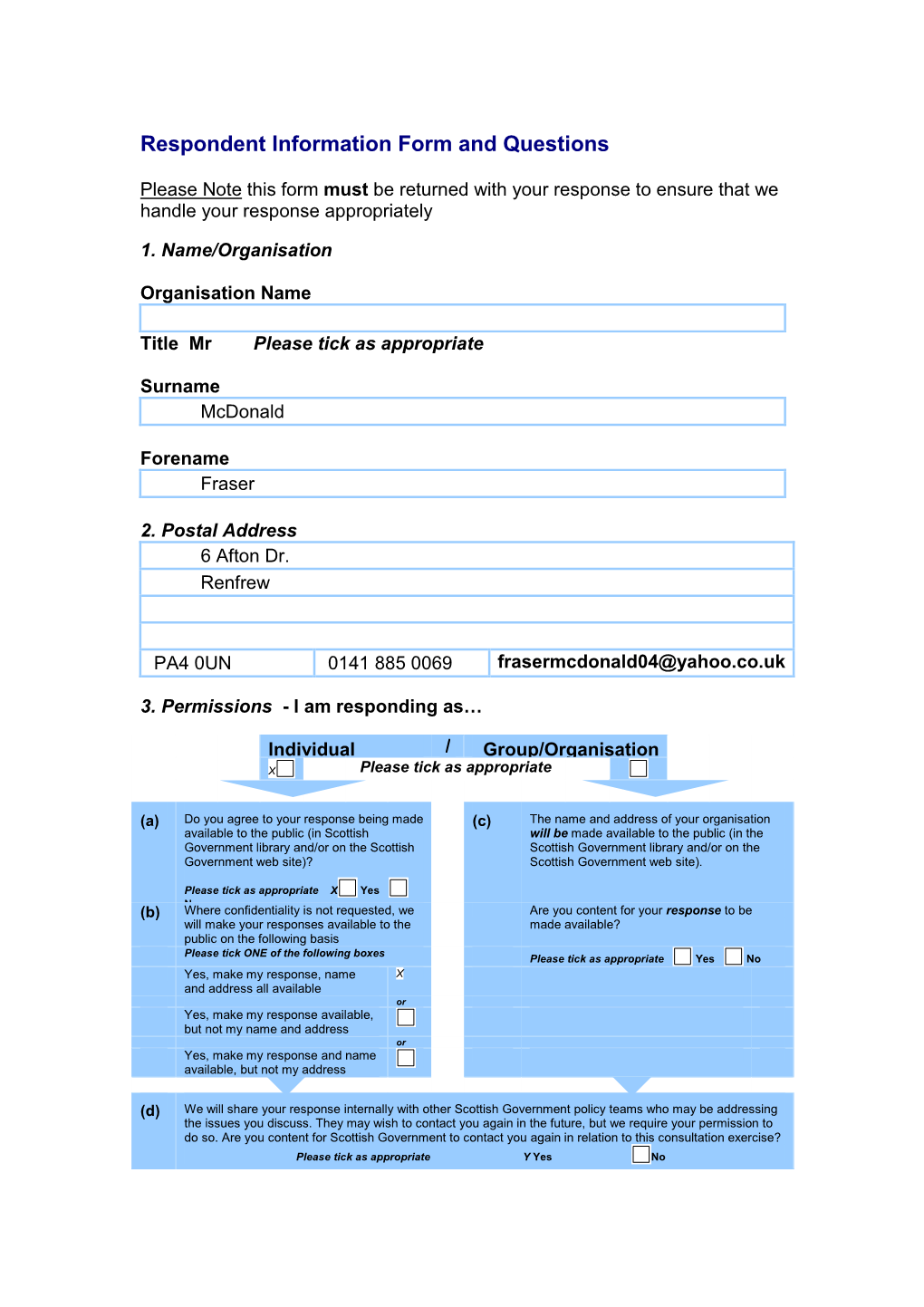 Respondent Information Form and Questions