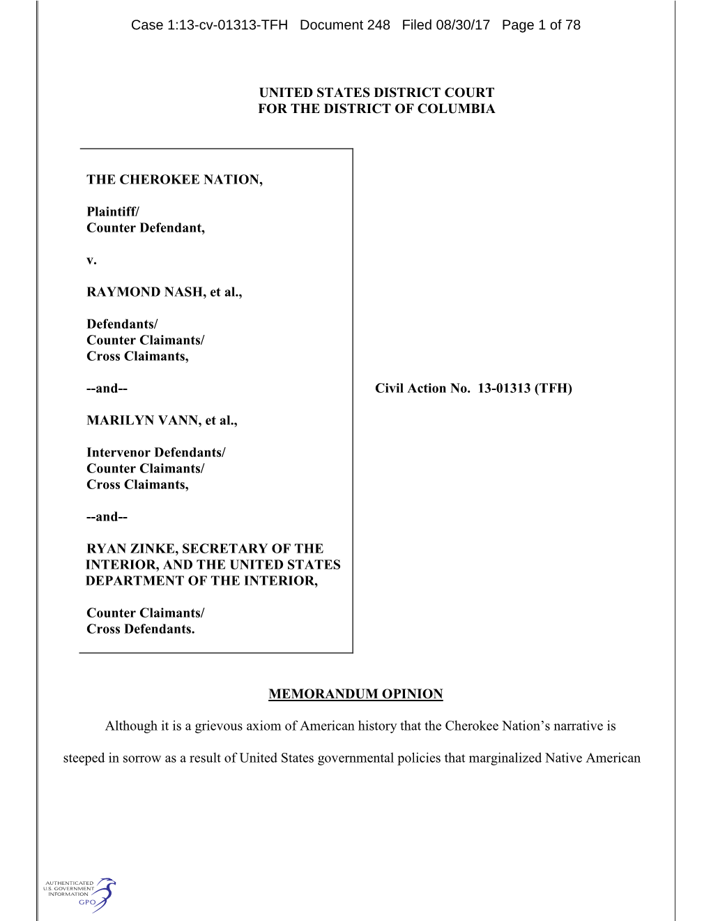 UNITED STATES DISTRICT COURT for the DISTRICT of COLUMBIA the CHEROKEE NATION, Plaintiff