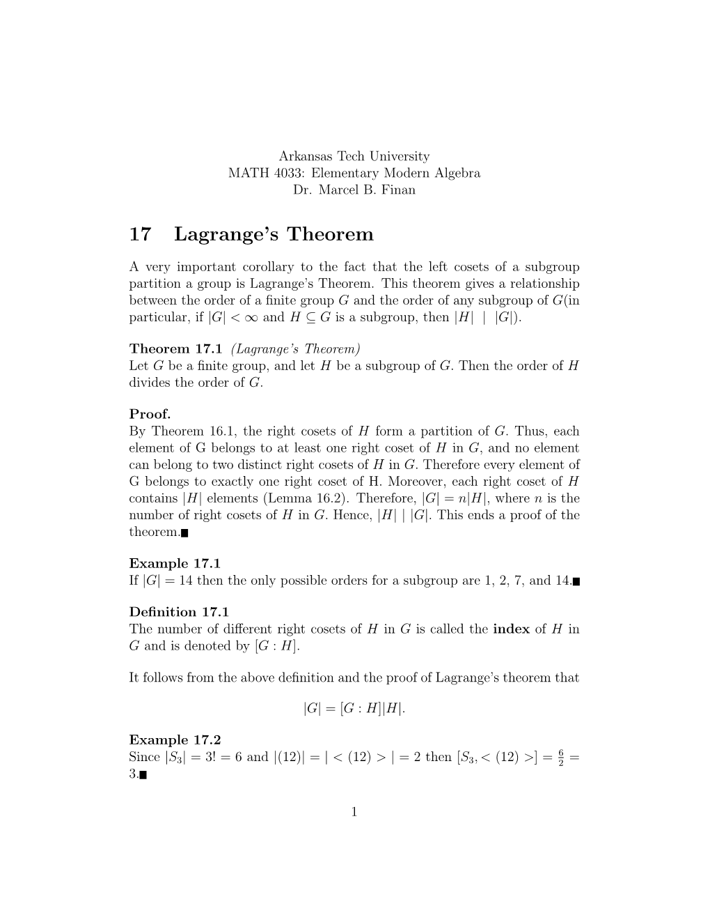 17 Lagrange's Theorem