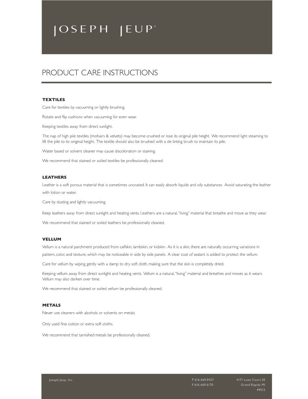 Product Care Instructions