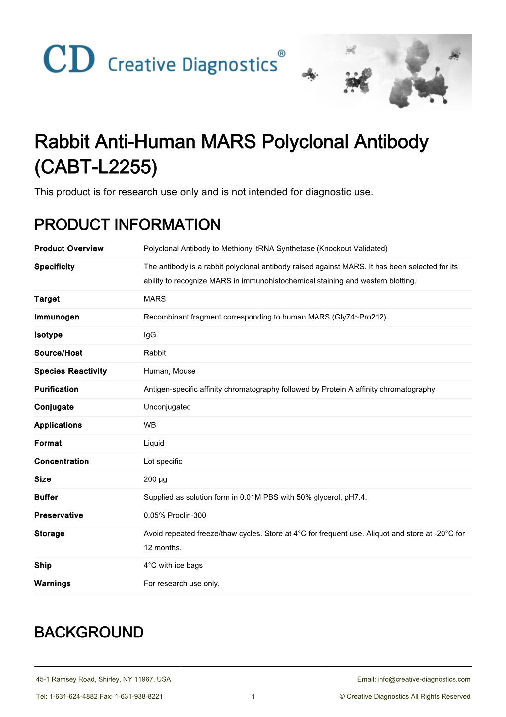Rabbit Anti-Human MARS Polyclonal Antibody (CABT-L2255) This Product Is for Research Use Only and Is Not Intended for Diagnostic Use