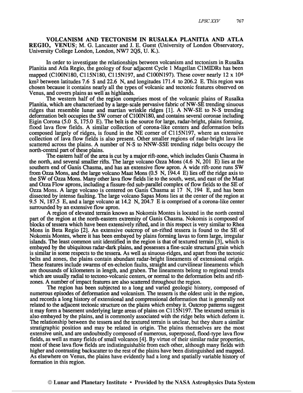 Volcanism and Tectonism in Rusalka Planitia and Atla Regio, Venus; M