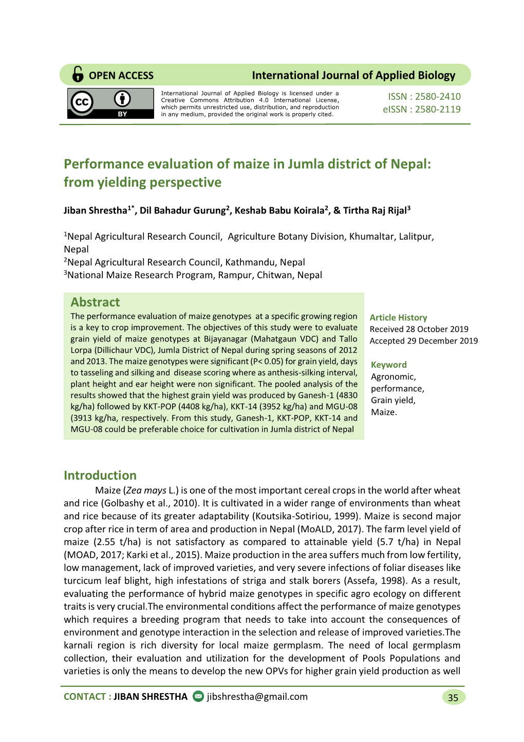 Performance Evaluation of Maize in Jumla District of Nepal: from Yielding Perspective