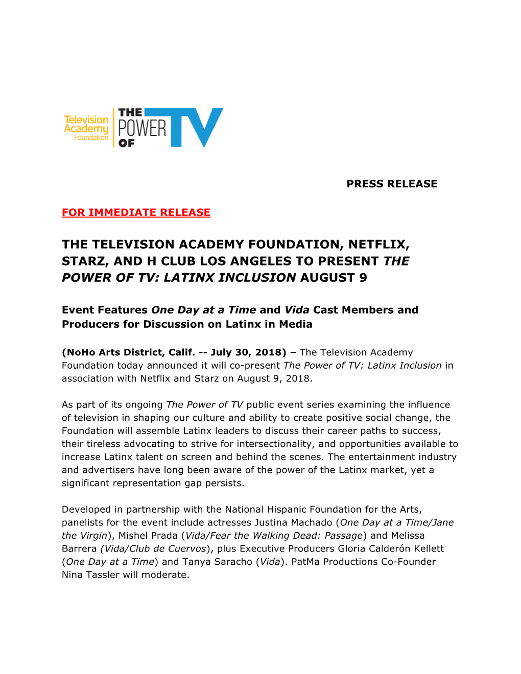 The Television Academy Foundation, Netflix, Starz, and H Club Los Angeles to Present the Power of Tv: Latinx Inclusion August 9