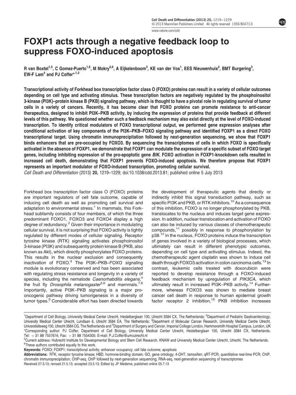 FOXP1 Acts Through a Negative Feedback Loop to Suppress FOXO-Induced Apoptosis