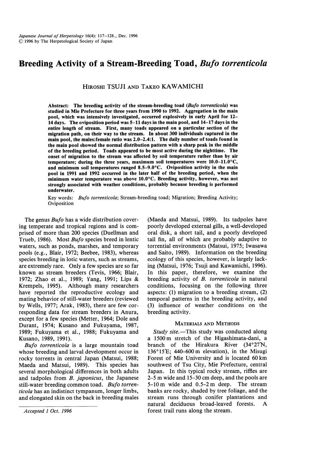 Breeding Activity of a Stream-Breeding Toad, Bufo Torrenticola