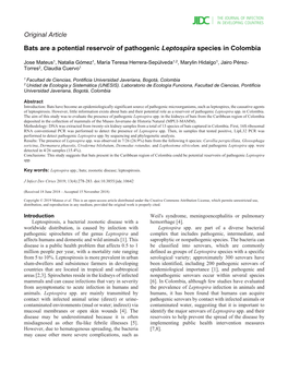Original Article Bats Are a Potential Reservoir of Pathogenic Leptospira
