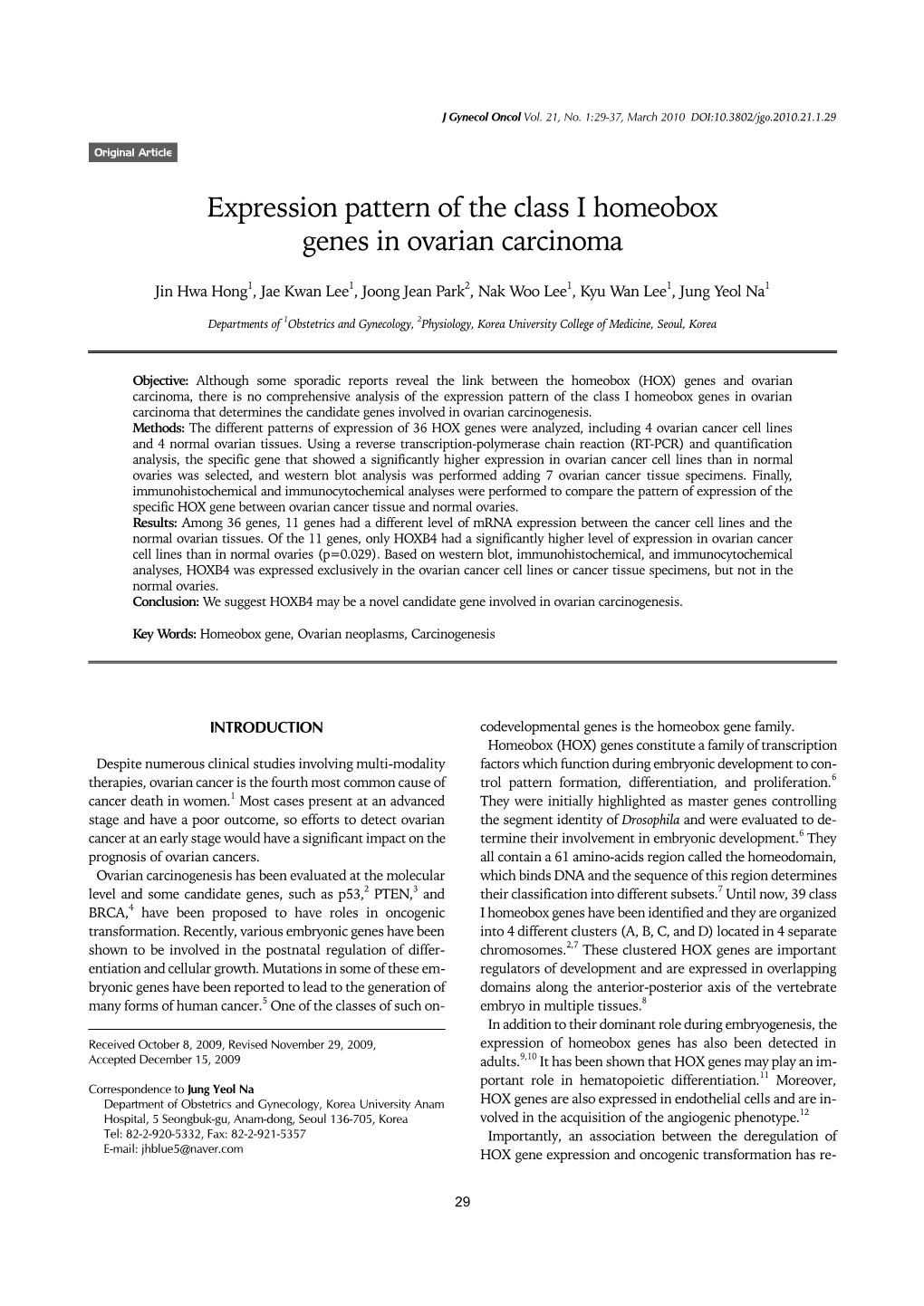 Expression Pattern of the Class I Homeobox Genes in Ovarian Carcinoma