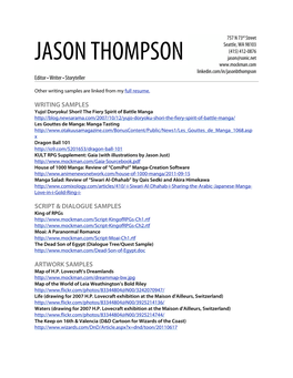 JASON THOMPSON Jason@Sonic.Net Linkedin.Com/In/Jasonbthompson Editor • Writer • Storyteller