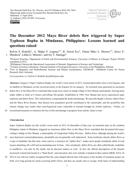 The December 2012 Mayo River Debris Flow Triggered by Super Typhoon Bopha in Mindanao, Philippines: Lessons Learned and Questions Raised Kelvin S