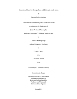 Generational Care: Psychology, Race, and History in South Africa by Stephen Robert Mcisaac a Dissertation Submitted in Partial