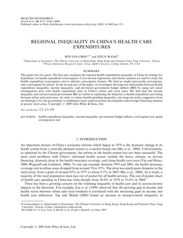Regional Inequality in China's Health Care Expenditures