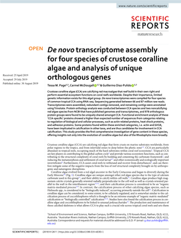 De Novo Transcriptome Assembly for Four Species of Crustose Coralline