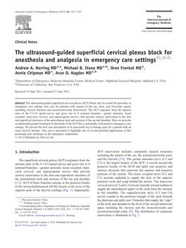 The Ultrasound-Guided Superficial Cervical Plexus Block for Anesthesia and Analgesia in Emergency Care Settings☆,☆☆ Andrew A