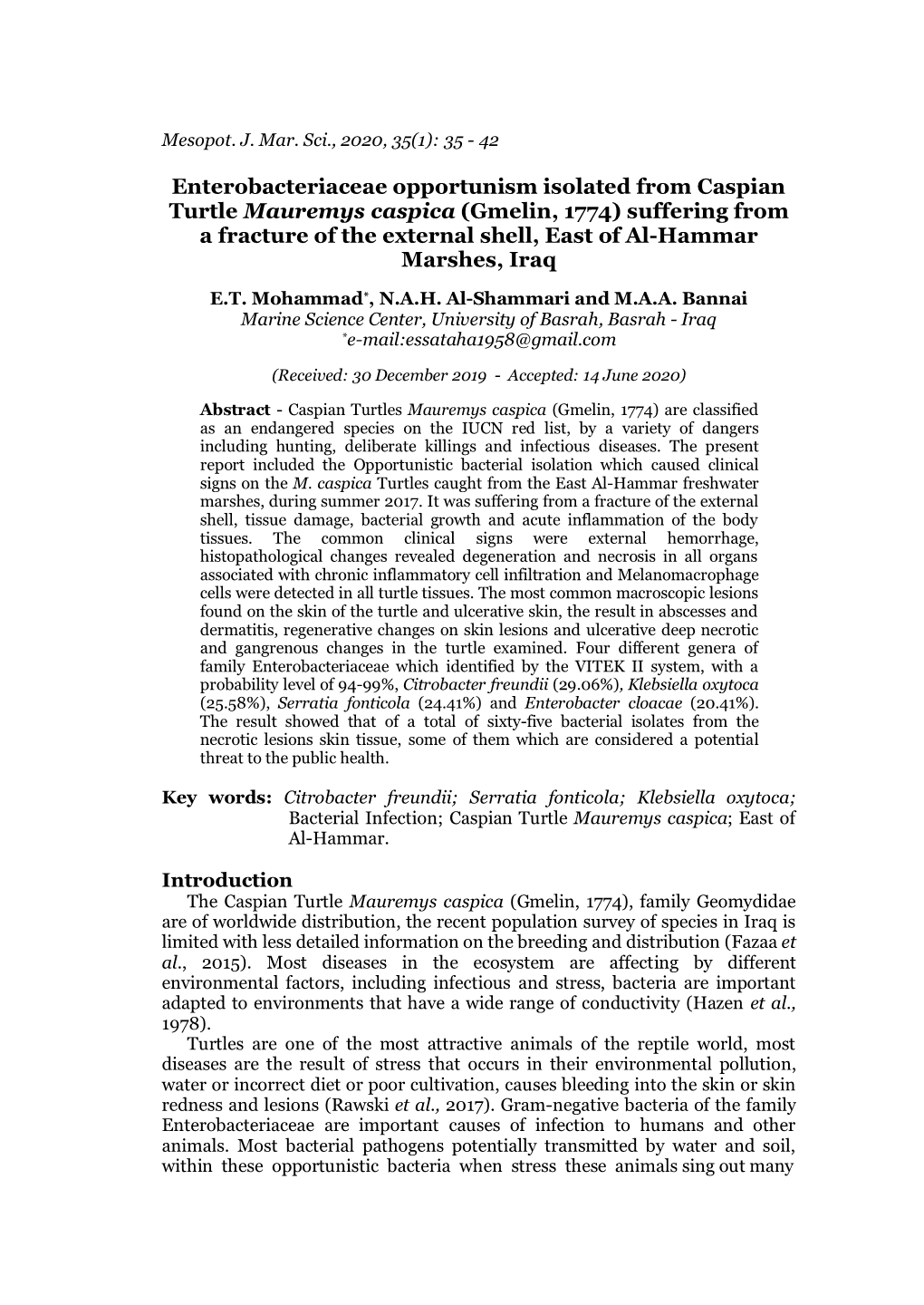 Enterobacteriaceae Opportunism Isolated from Caspian Turtle