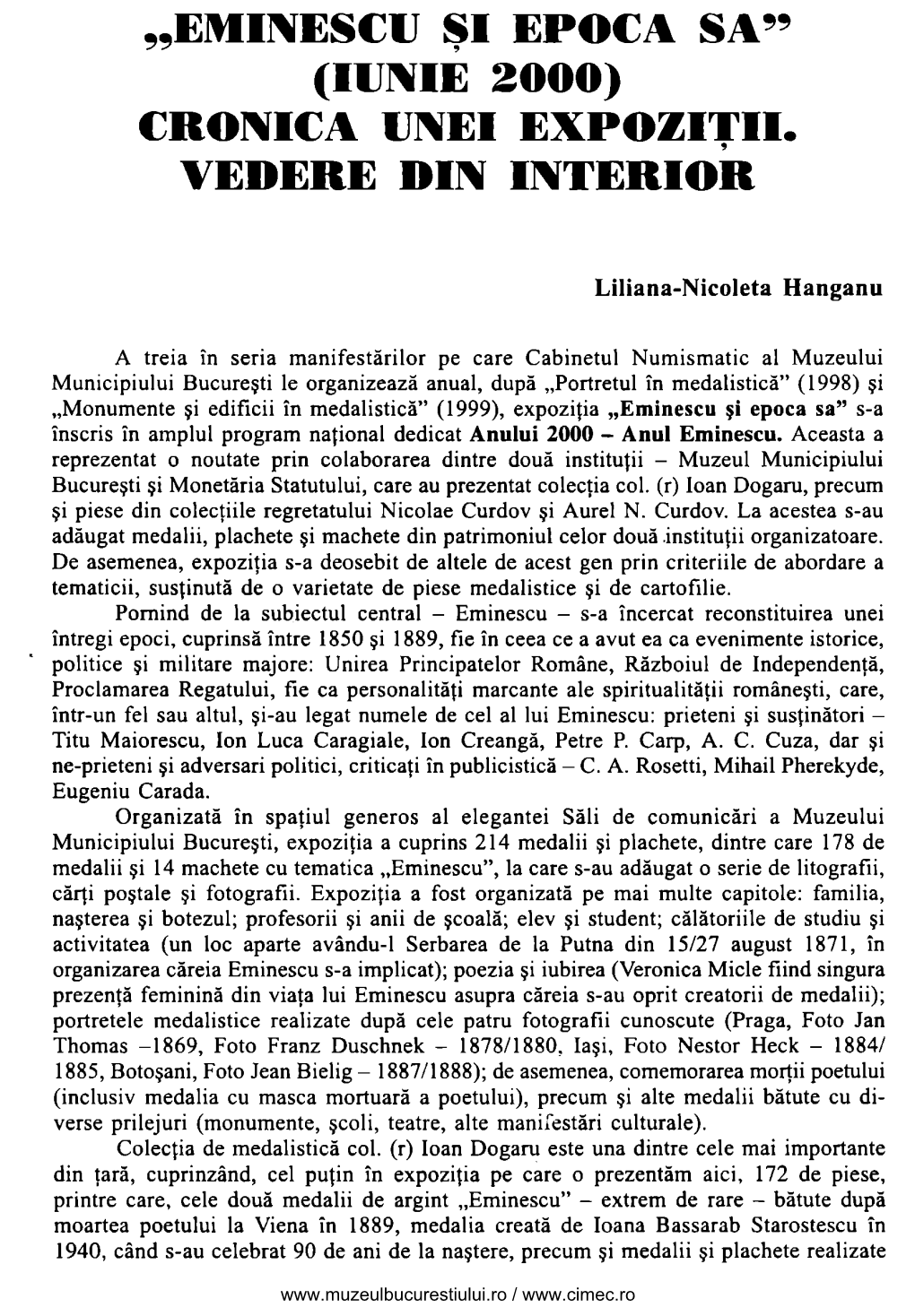 Eminescu Şi Epoca Sa'' (Iunie 2000) Cronica Unei Expozitii. Vedere Din Interior