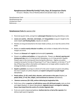 Nymphaeaceae-Cabombaceae Key, Chart, and Traits