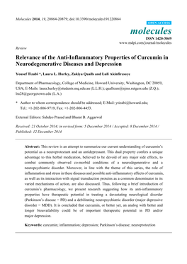 Relevance of the Anti-Inflammatory Properties of Curcumin in Neurodegenerative Diseases and Depression